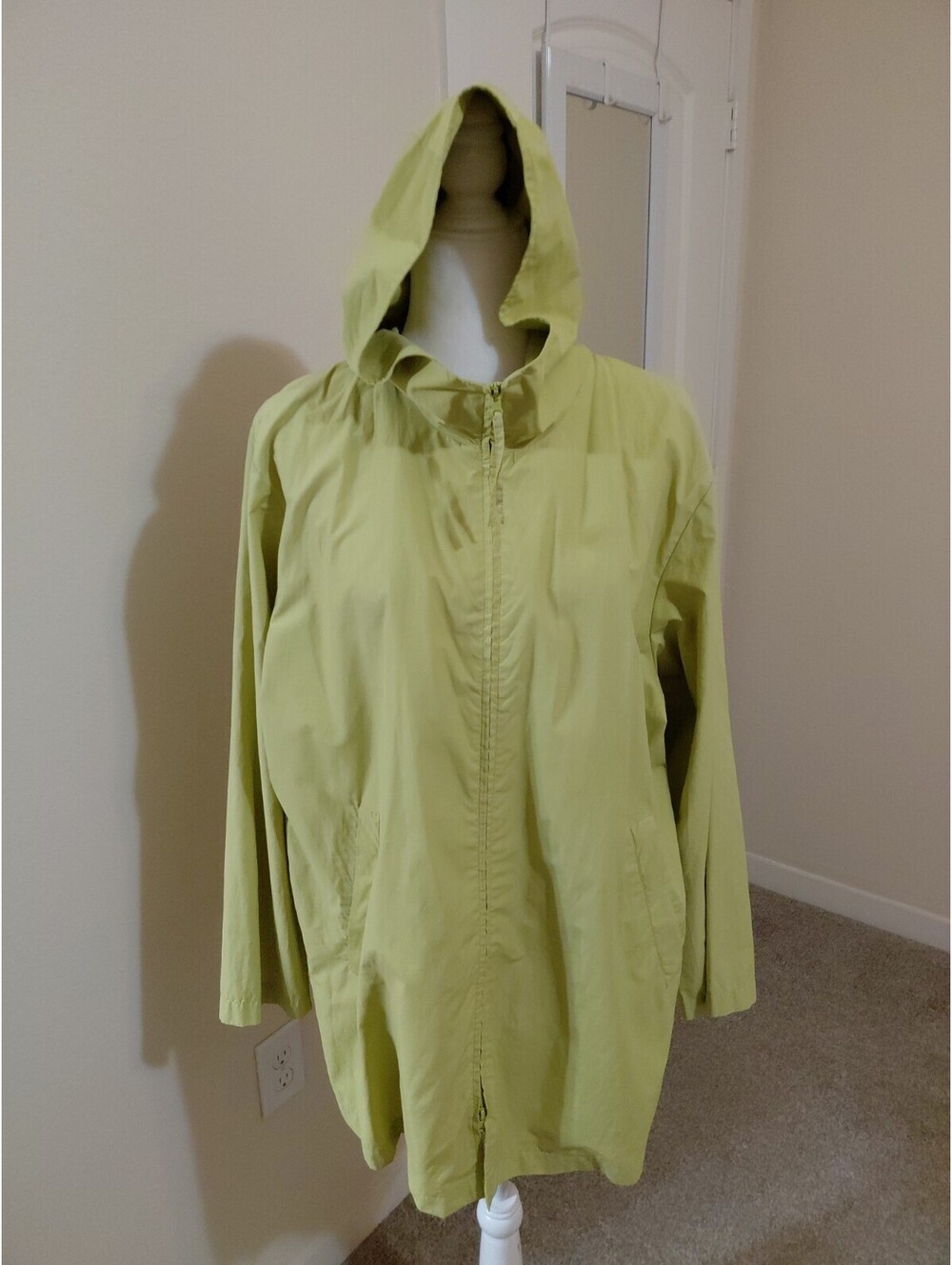 Eileen Fisher Pea Green Cotton Hooded Rain Jacket M Chartreuse EUC #841